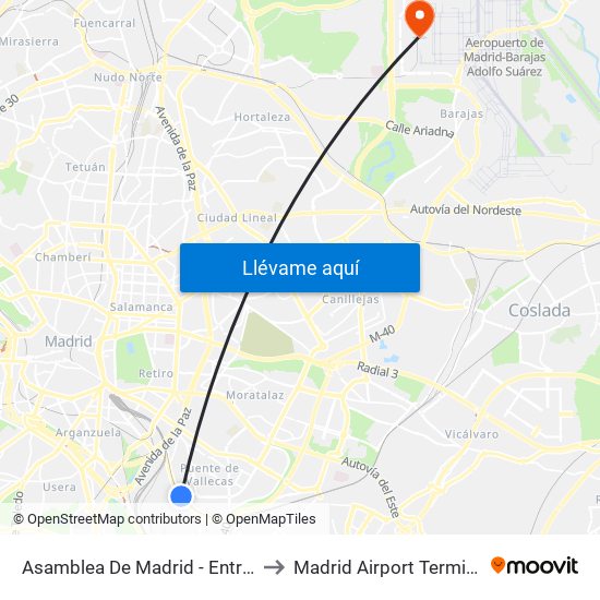 Asamblea De Madrid - Entrevías to Madrid Airport Terminal 4 map