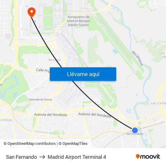 San Fernando to Madrid Airport Terminal 4 map