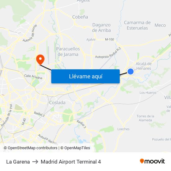 La Garena to Madrid Airport Terminal 4 map