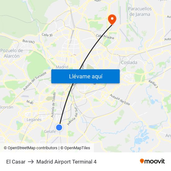 El Casar to Madrid Airport Terminal 4 map