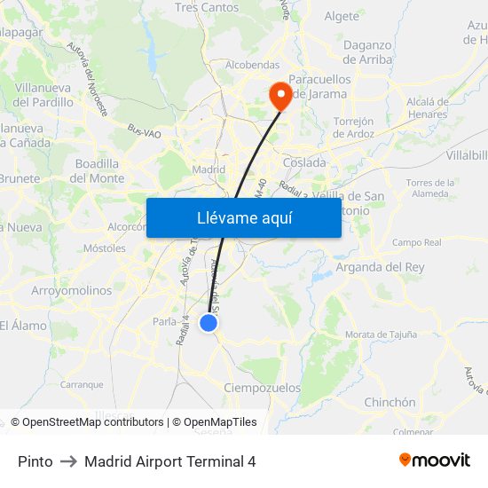 Pinto to Madrid Airport Terminal 4 map