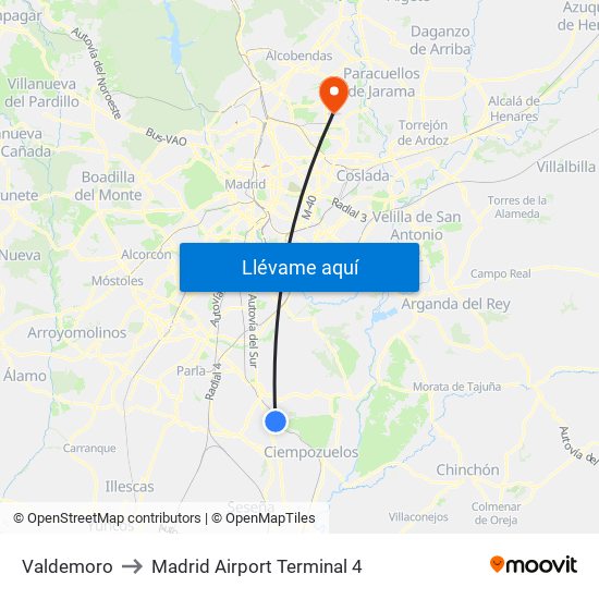 Valdemoro to Madrid Airport Terminal 4 map