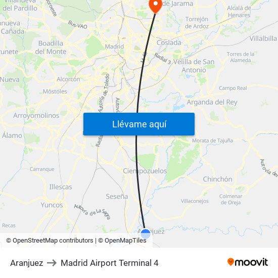 Aranjuez to Madrid Airport Terminal 4 map