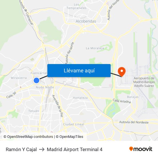 Ramón Y Cajal to Madrid Airport Terminal 4 map