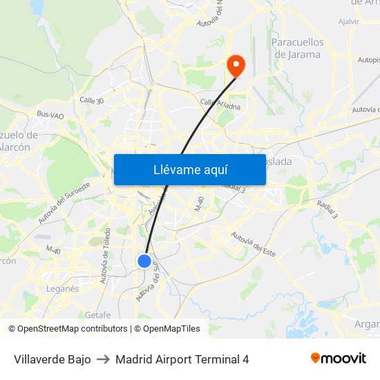 Villaverde Bajo to Madrid Airport Terminal 4 map