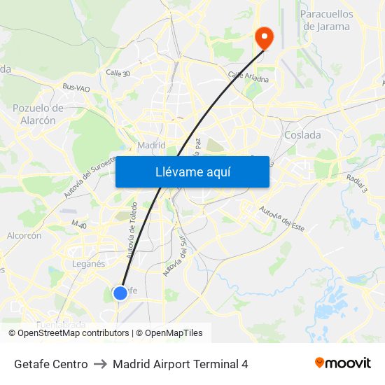 Getafe Centro to Madrid Airport Terminal 4 map