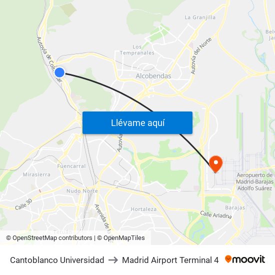 Cantoblanco Universidad to Madrid Airport Terminal 4 map