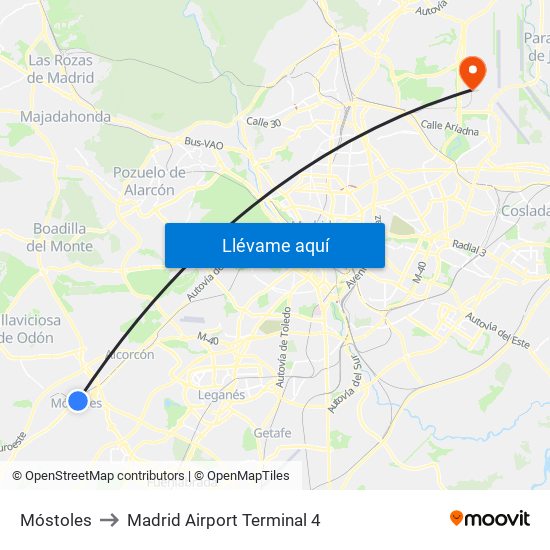 Móstoles to Madrid Airport Terminal 4 map