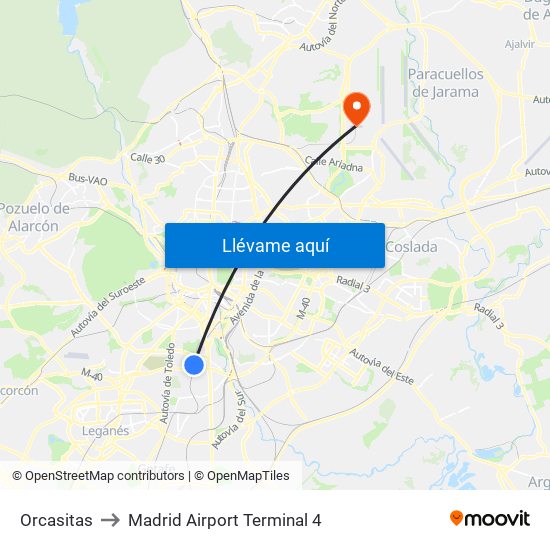 Orcasitas to Madrid Airport Terminal 4 map