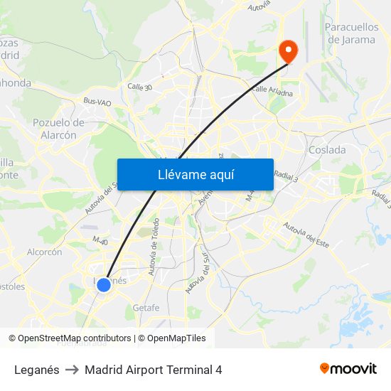 Leganés to Madrid Airport Terminal 4 map