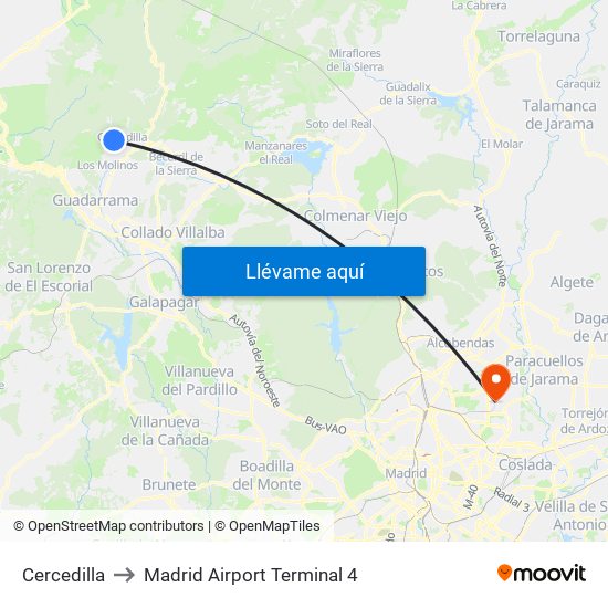 Cercedilla to Madrid Airport Terminal 4 map