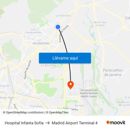 Hospital Infanta Sofía to Madrid Airport Terminal 4 map