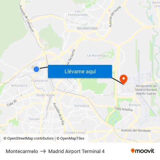 Montecarmelo to Madrid Airport Terminal 4 map