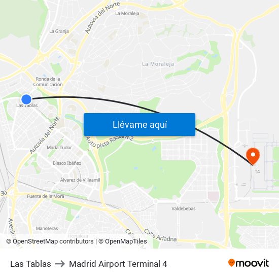 Las Tablas to Madrid Airport Terminal 4 map