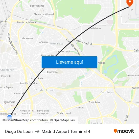 Diego De León to Madrid Airport Terminal 4 map