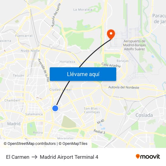 El Carmen to Madrid Airport Terminal 4 map
