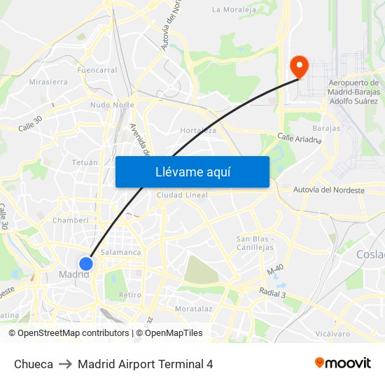 Chueca to Madrid Airport Terminal 4 map