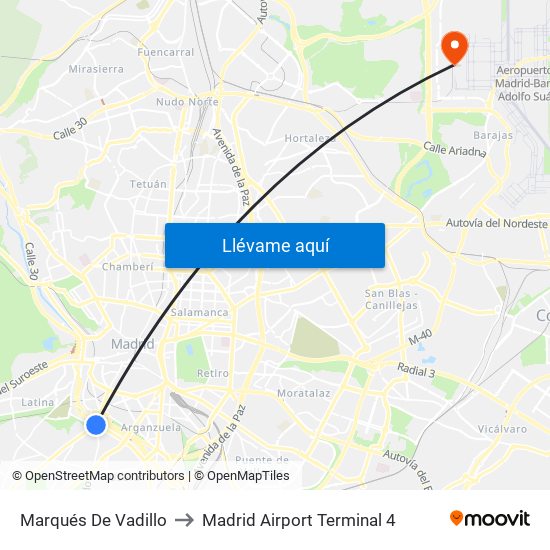 Marqués De Vadillo to Madrid Airport Terminal 4 map