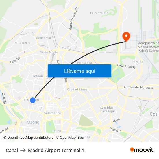 Canal to Madrid Airport Terminal 4 map