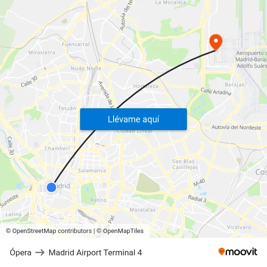 Ópera to Madrid Airport Terminal 4 map