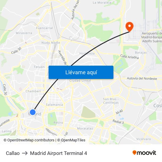 Callao to Madrid Airport Terminal 4 map