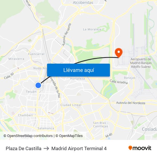 Plaza De Castilla to Madrid Airport Terminal 4 map