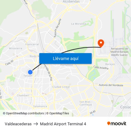 Valdeacederas to Madrid Airport Terminal 4 map