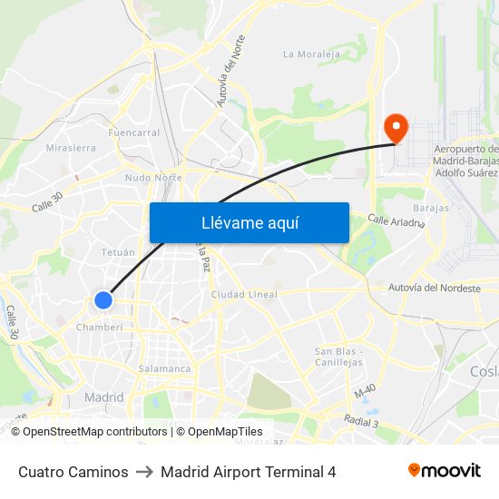 Cuatro Caminos to Madrid Airport Terminal 4 map