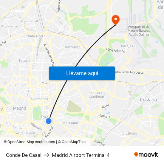 Conde De Casal to Madrid Airport Terminal 4 map