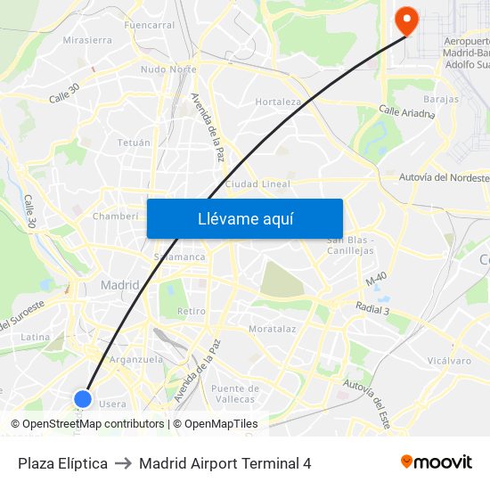 Plaza Elíptica to Madrid Airport Terminal 4 map
