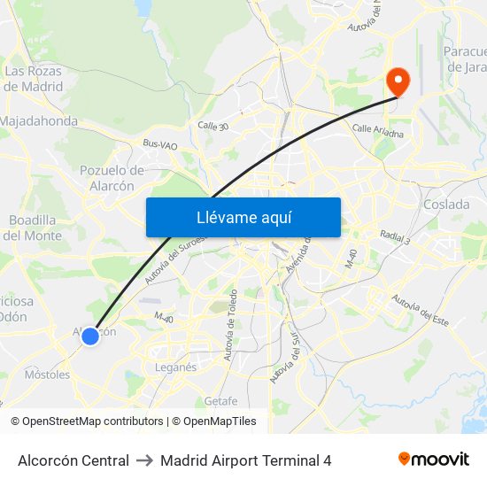 Alcorcón Central to Madrid Airport Terminal 4 map