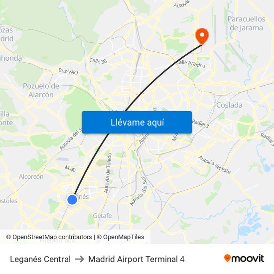 Leganés Central to Madrid Airport Terminal 4 map