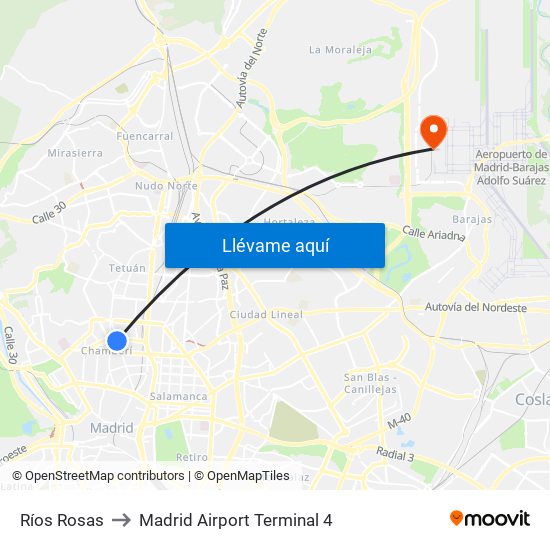 Ríos Rosas to Madrid Airport Terminal 4 map