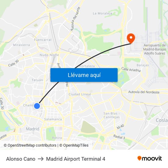Alonso Cano to Madrid Airport Terminal 4 map