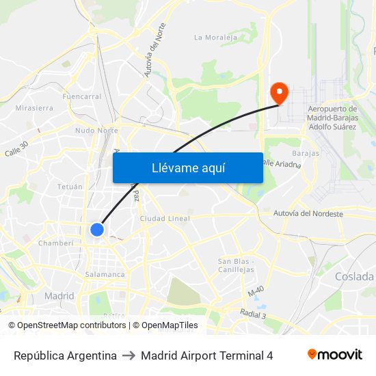 República Argentina to Madrid Airport Terminal 4 map
