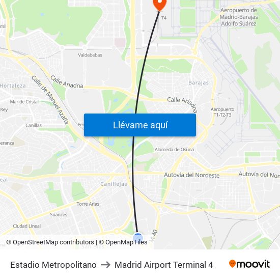 Estadio Metropolitano to Madrid Airport Terminal 4 map