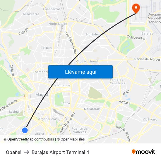 Opañel to Barajas Airport Terminal 4 map