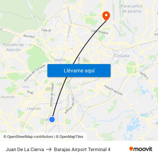 Juan De La Cierva to Barajas Airport Terminal 4 map