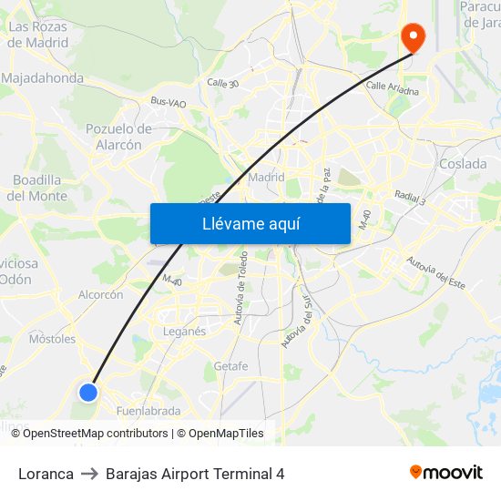 Loranca to Barajas Airport Terminal 4 map