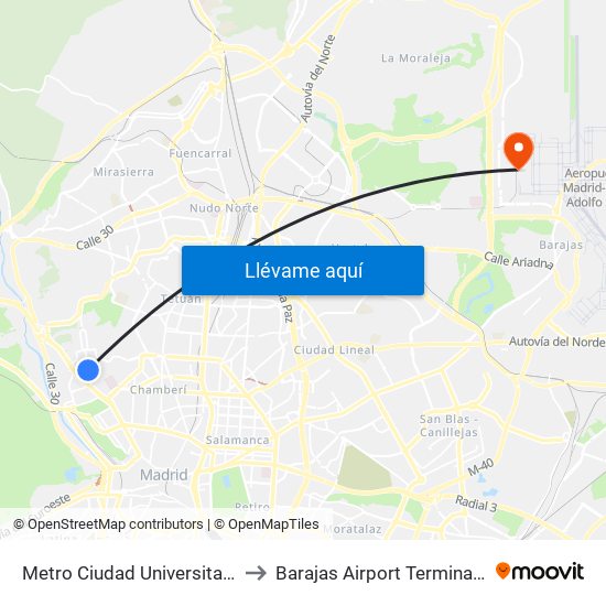 Metro Ciudad Universitaria to Barajas Airport Terminal 4 map