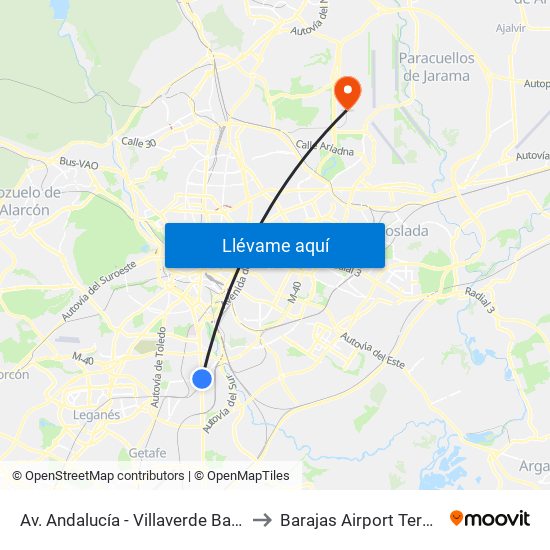 Av. Andalucía - Villaverde Bajo Cruce to Barajas Airport Terminal 4 map