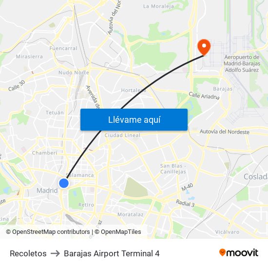 Recoletos to Barajas Airport Terminal 4 map