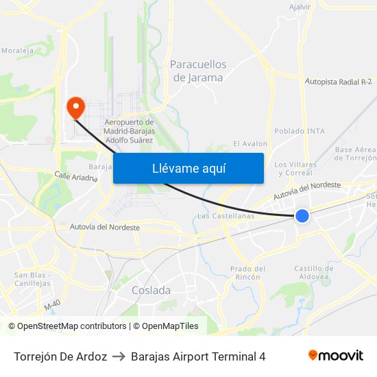 Torrejón De Ardoz to Barajas Airport Terminal 4 map