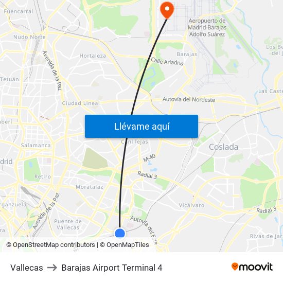 Vallecas to Barajas Airport Terminal 4 map