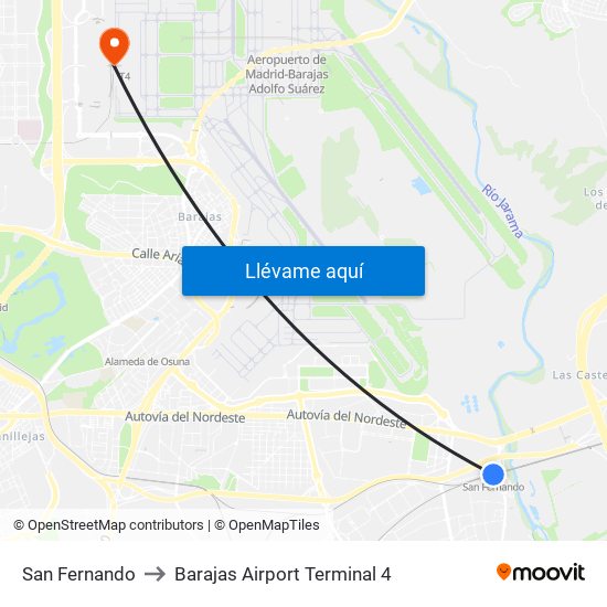 San Fernando to Barajas Airport Terminal 4 map