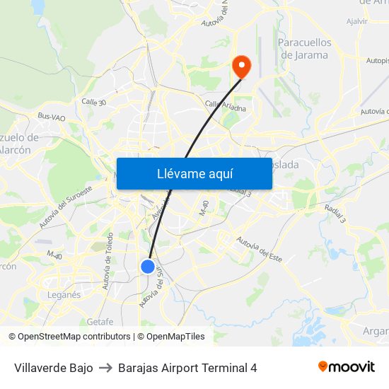 Villaverde Bajo to Barajas Airport Terminal 4 map
