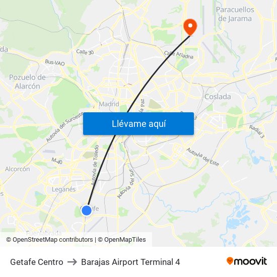 Getafe Centro to Barajas Airport Terminal 4 map
