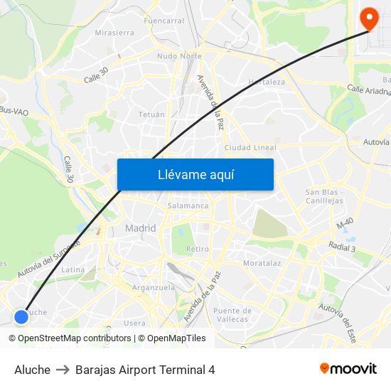 Aluche to Barajas Airport Terminal 4 map