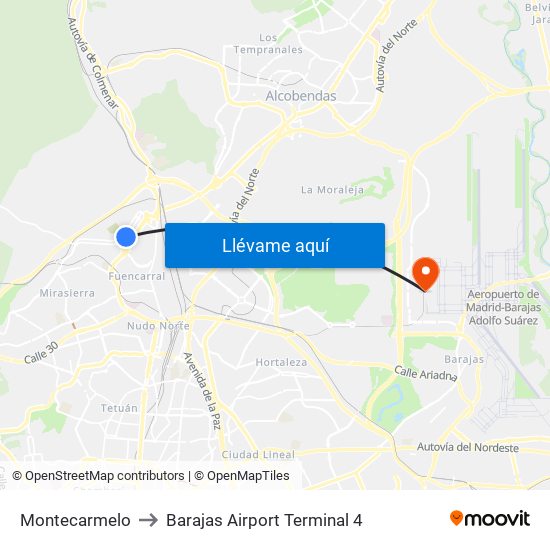 Montecarmelo to Barajas Airport Terminal 4 map