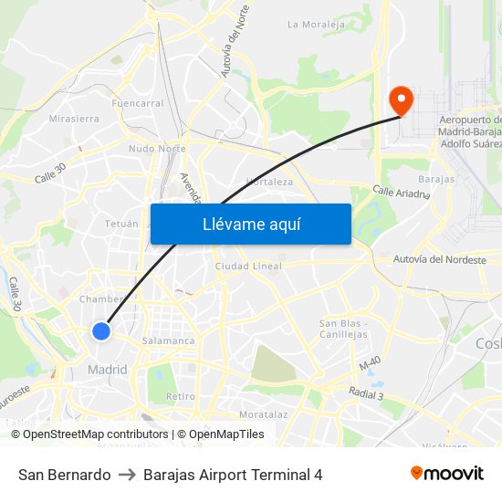 San Bernardo to Barajas Airport Terminal 4 map